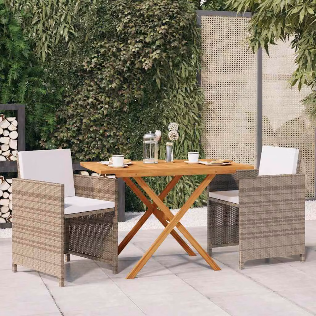 Set da pranzo per giardino vidaXL in legno di acacia oliato con cuscini beige e bianchi, 3 pezzi