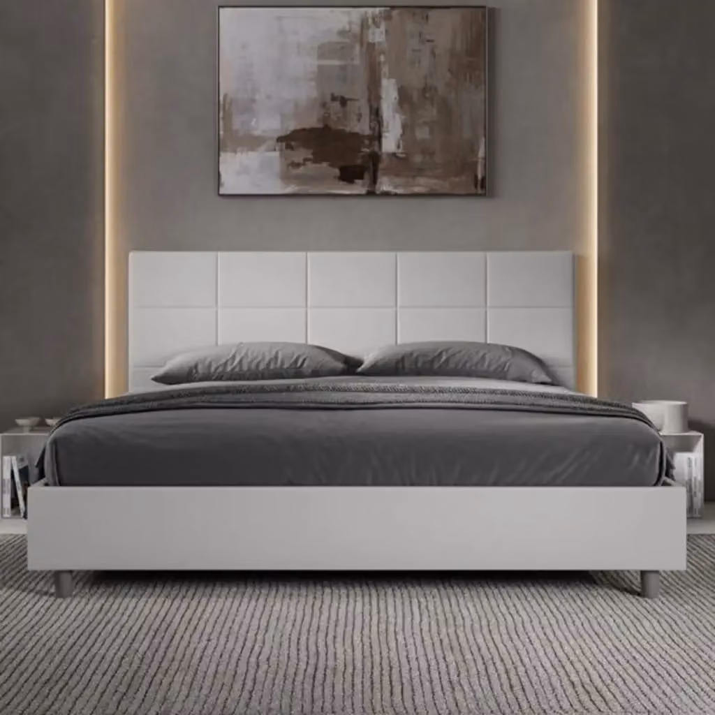 Letto matrimoniale con contenitore Ityhome Mika imbottito in similpelle bianco L: 180 cm, P: 200 cm, H: 195 cm – 2