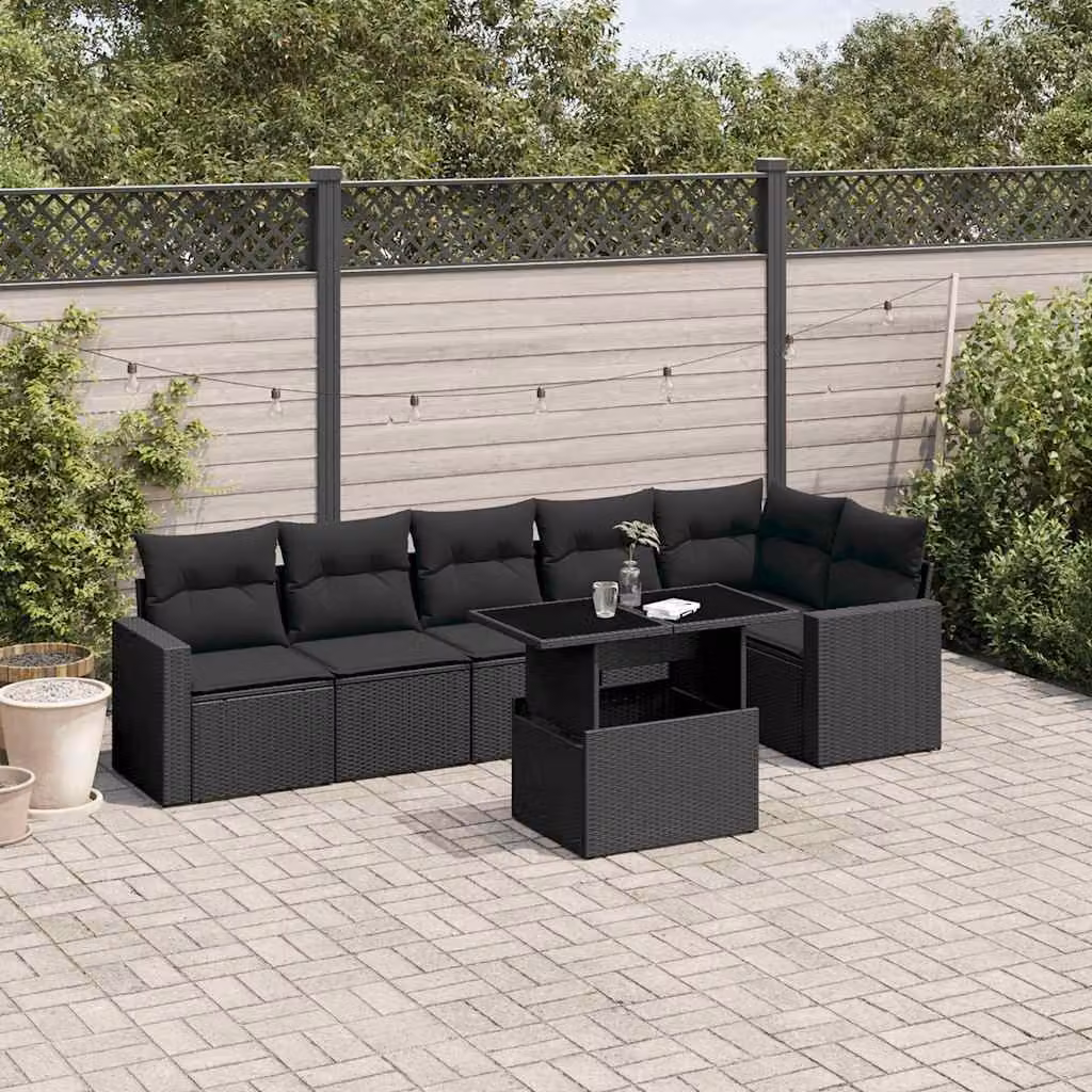 vidaXL Set Divani da Giardino a L con Cuscini 7pz Nero in Polyrattan e Acciaio – 1