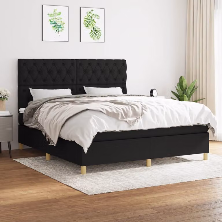 The Living Store Letto a molle con materasso nero 160x200 cm in tessuto