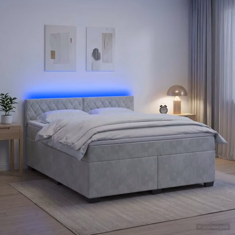 Letto con Box Spring e Materasso Ibrido vidaXL in Velluto Grigio con Illuminazione LED e Porta USB, L/P: 140 x 190 cm