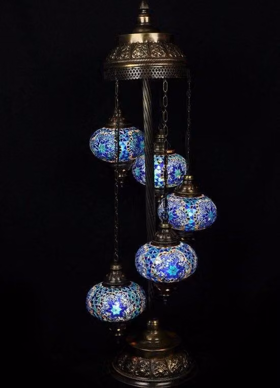 Lampada da terra turca - Lampada orientale - Blu - 5 sfere di vetro mosaico - Realizzata a mano - Altezza 120 cm