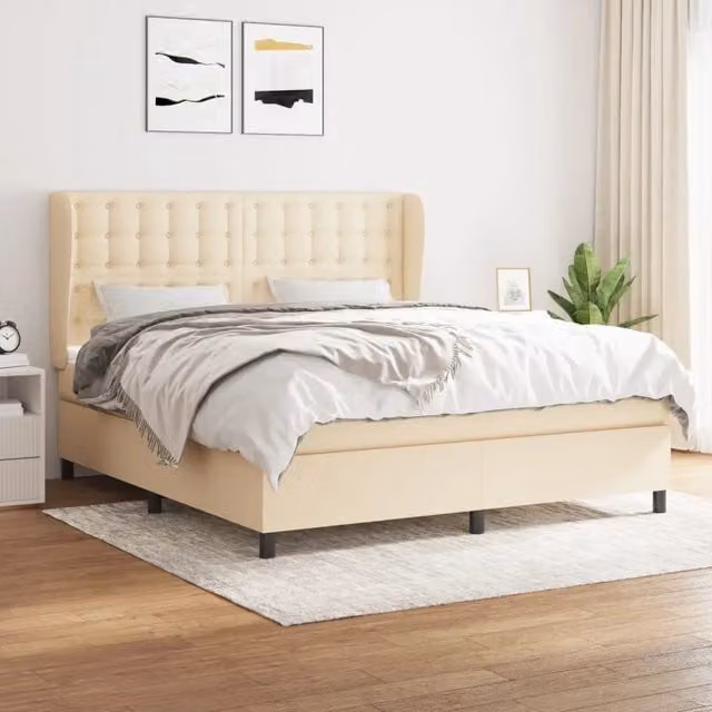 Letto Ibrido vidaXL con Giroletto a Molle e Materasso in Tessuto Beige e Bianco L/P/H: 160 x 200 x 40 cm