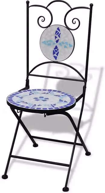 Set di 2 sedie da bistrot pieghevoli e impilabili in metallo con design geometrico blu e bianco per esterno, giardino o balcone