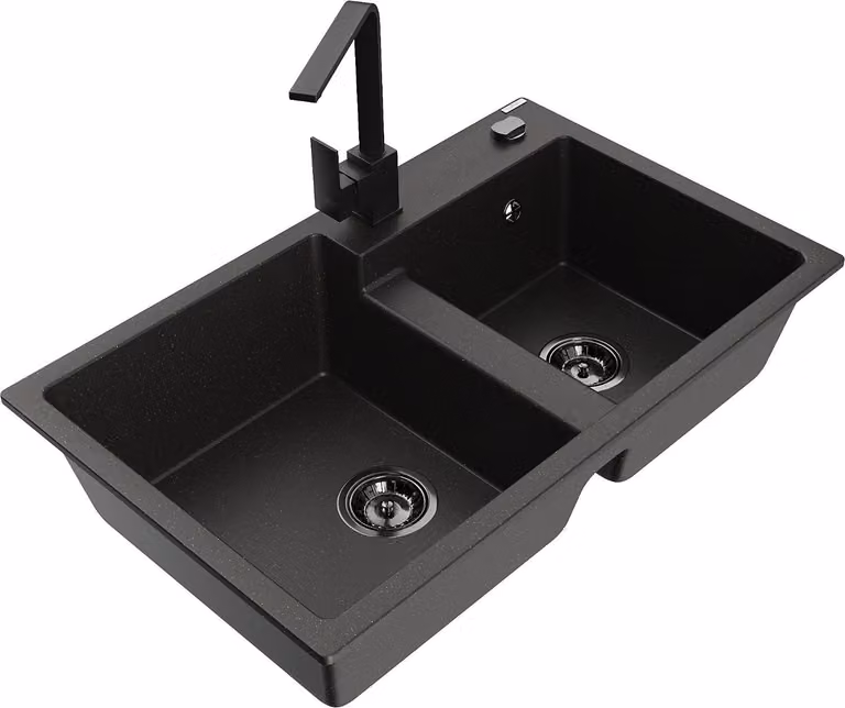Mexen Tomas lavello in granito a 2 vasche con rubinetto da cucina Rita, nero/oro metallizzato - 6516-75-670300-70-B