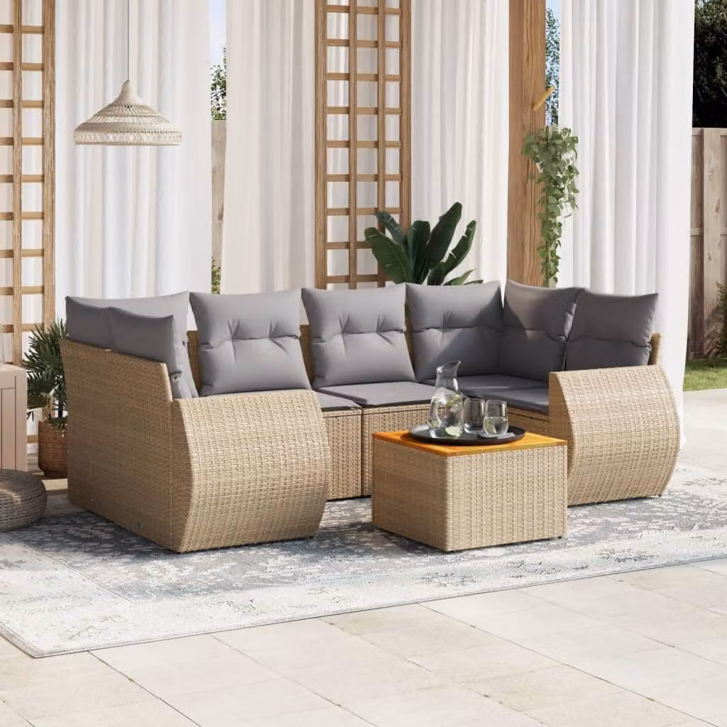 vidaXL Set Divani da Giardino 7 pz a Forma L in Polyrattan con Cuscini Beige e Tavolino da Esterno – 1