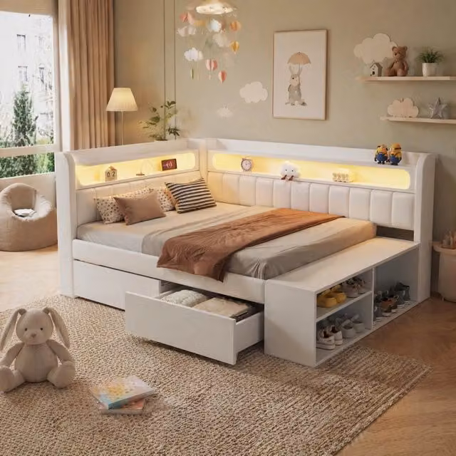 Letto pieghevole imbottito 90x200 cm con LED, USB, due cassetti e scarpiera bianco