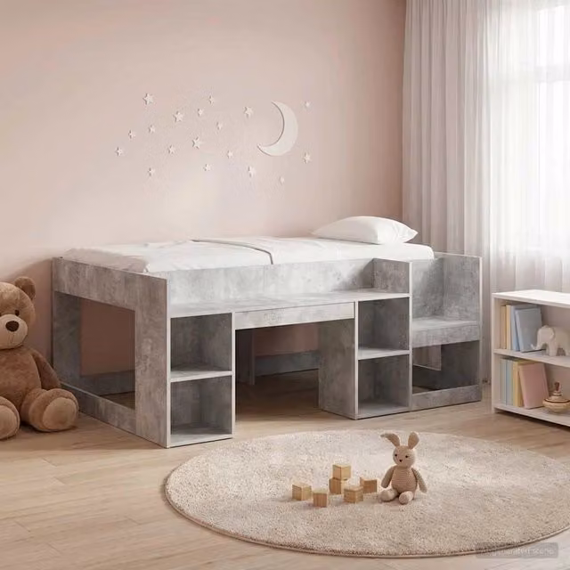 Letto Singolo Rialzato per Bambini vidaXL con Ripostiglio Laterale Grigio L/P/H: 163 x 80 x 120 cm – 1