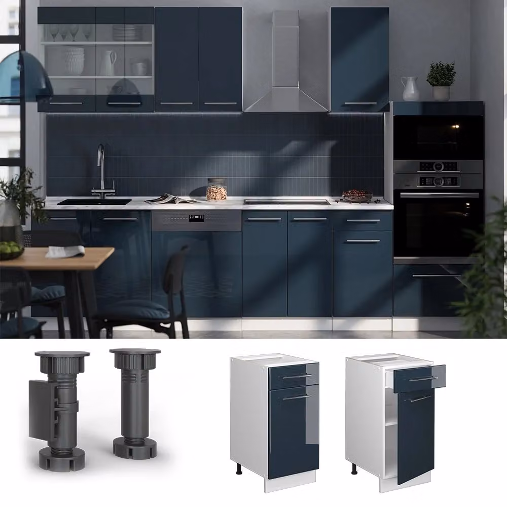Mobiletto base per cucina Fame-Line Vicco Blu scuro lucido e Bianco con piano effetto Marmo, Larghezza: 40 cm – 2