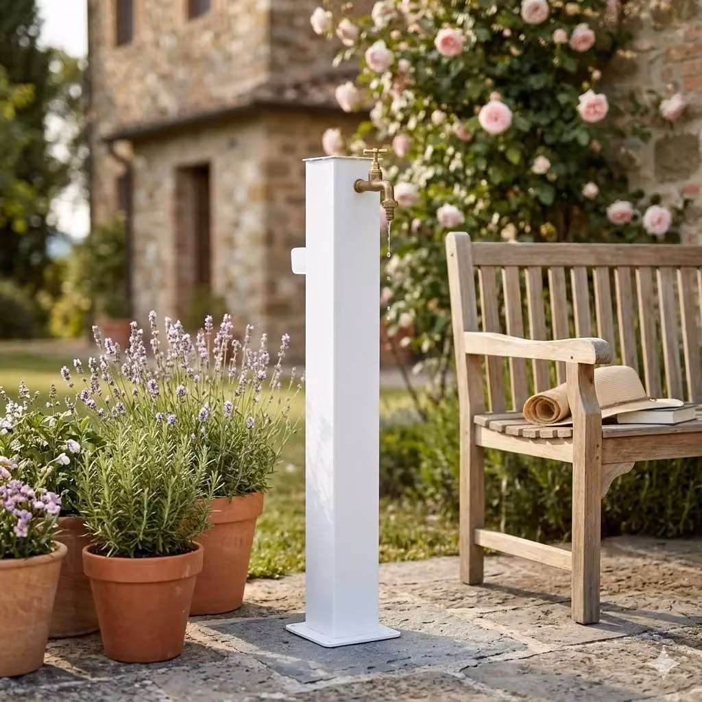 Fontana da Giardino a Colonna Quadrata Giordanoshop in Acciaio Bianco con Rubinetto in Ottone L/P/H: 20 x 20 x 97 cm – 2