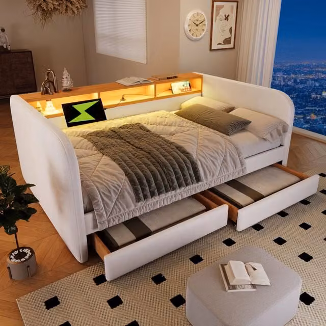 Letto Imbottito REDOM Beige con Illuminazione LED, Porta USB e 2 Cassetti L/P/H: 140 x 190 x 65 cm