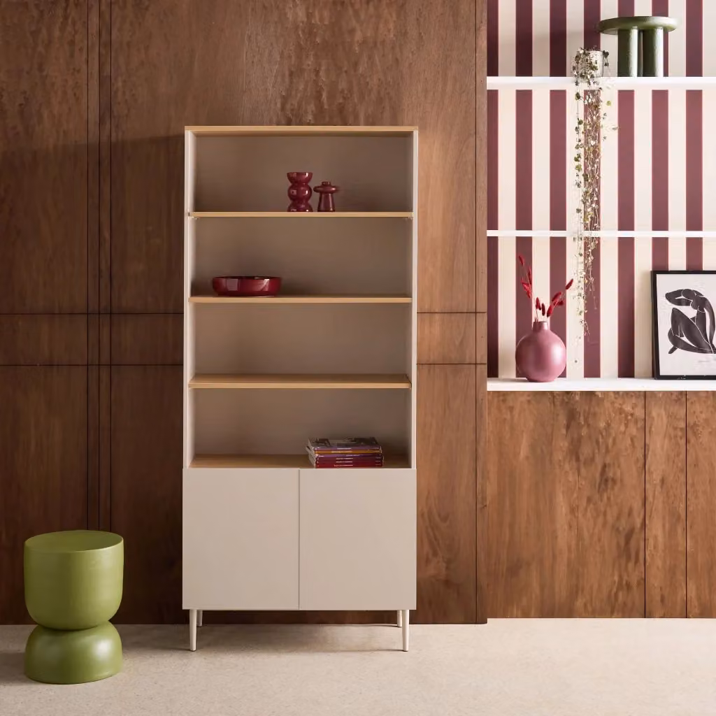 Libreria moderna Sweeek con ripiani regolabili in metallo e legno MDF, H 180 x L 80 x P 40 cm, beige e marrone – 2