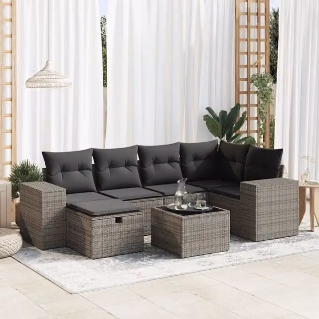 Set Divani da Giardino 7 pz con Cuscini Grigio in Polyrattan 3325696