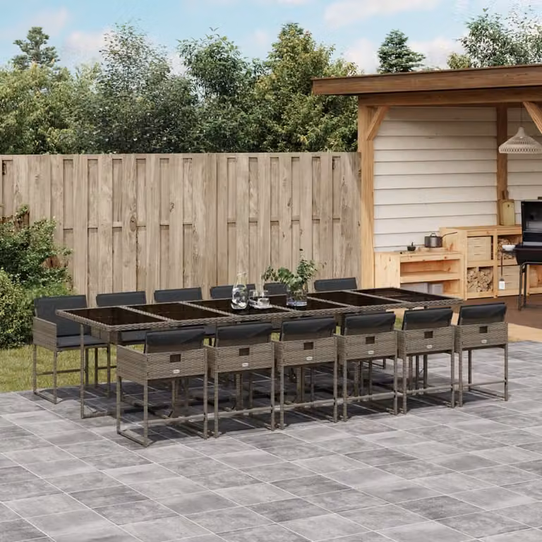 Set da Pranzo da Giardino vidaXL in Polyrattan Grigio e Nero con Tavolo in Vetro e 13 Pezzi