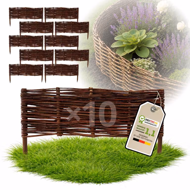 Floranica 10 pezzi Recinzione in vimini 20 cm x 60 cm – Staccionata da giardino intrecciata Palizzata Recinzione naturale Bordo aiuola
