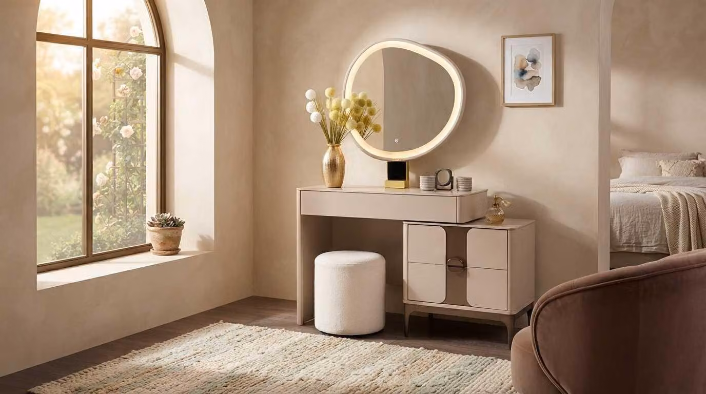 Set per tavolo da trucco beige, moderno, con specchio e sgabello. Tavolino da trucco