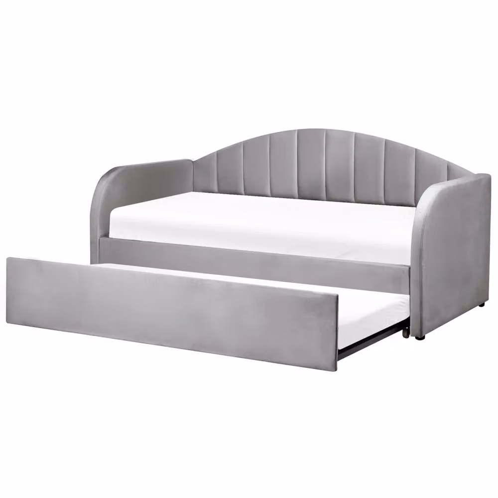 Letto estraibile Beliani in velluto grigio con struttura imbottita e cassetti, L/P/H: 90 x 200 x 59 cm – 2