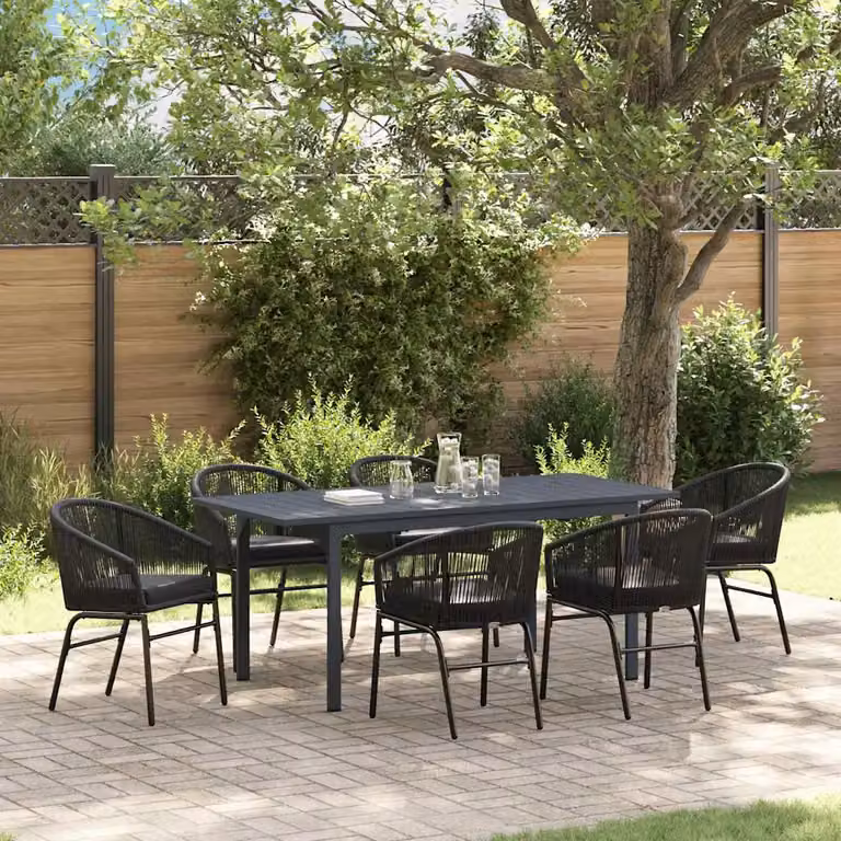 Set da pranzo per giardino e terrazza vidaXL in polyrattan nero, 7 pezzi