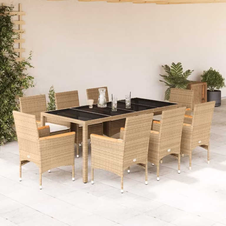 Set da pranzo da giardino vidaXL in polyrattan e legno di acacia con cuscini beige e piano in vetro, 9 pezzi