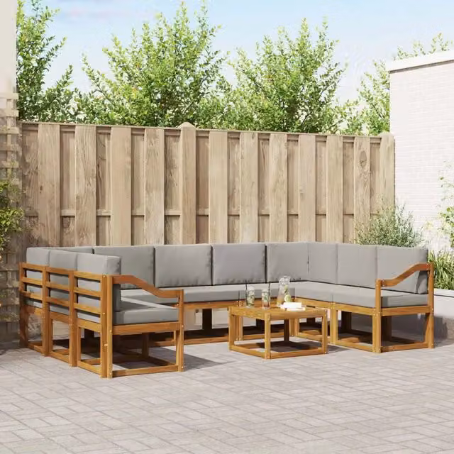 Set di divani da esterno vidaXL a forma di U in legno di acacia con cuscini inclusi, Grigio e Marrone