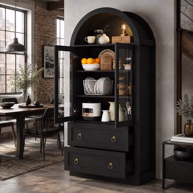 Vetrina ad arco 80x36x170 cm con ante in vetro e cassetti; in truciolare nero