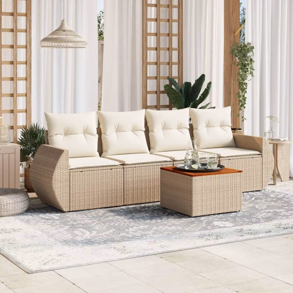 Set Divano da Giardino 5 pz vidaXL con Cuscini Beige e Tavolino, Struttura in Acciaio e Poliestere Resistente ai Raggi UV