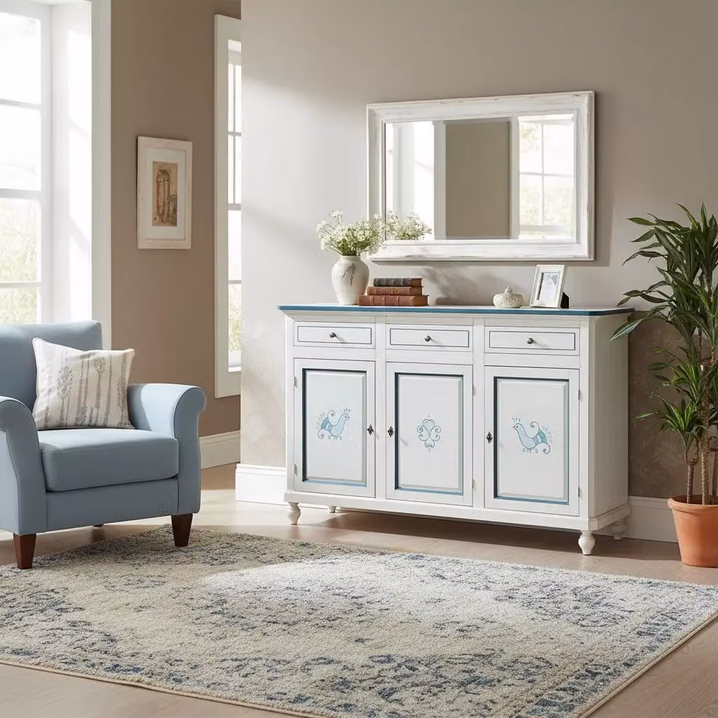 Madia credenza con 3 porte in legno bianco anticato e decoro pavoncella blu Mobili 2G L/P/H: 150 x 43 x 98 cm – 2