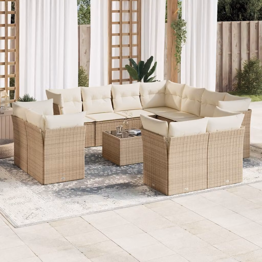 Set di Divani da Giardino vidaXL a Forma di U con Cuscini Beige e Tavolino da Esterno in Polyrattan e Acciaio