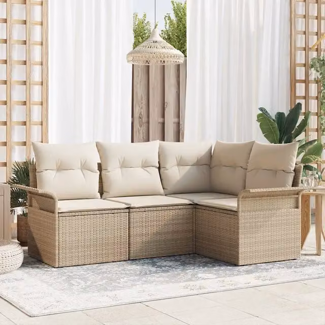 Set da giardino moderno vidaXL composto da 4 pezzi in rattan beige con struttura in acciaio e tavolo da caffè in vetro
