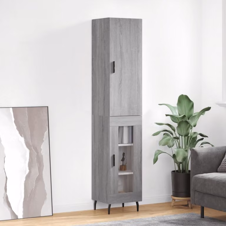 Credenza moderna vidaXL in legno multistrato e metallo, colore Grigio Sonoma, L/P/H: 34,5 x 34 x 180 cm
