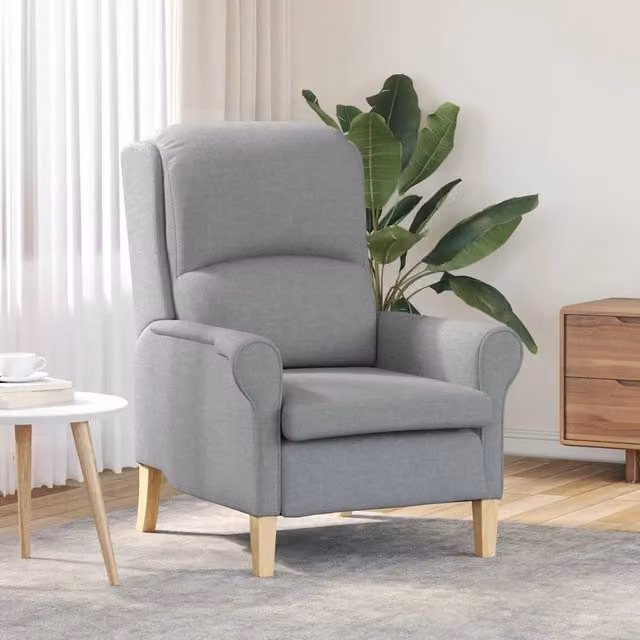 Poltrona moderna in tessuto grigio con struttura in legno e braccioli per il tuo living – 1