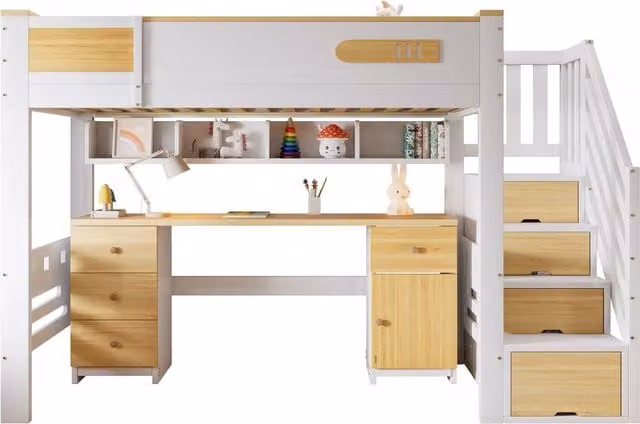 Letto a soppalco 90x200 cm con scrivania integrata; scala contenitore e mensola; legno massello e MDF; bianco e naturale