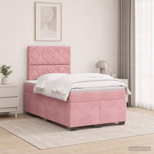 Letto box spring vidaXL in velluto rosa con materasso a molle pocket e base contenitore, dotato di illuminazione sottostante e porta USB, L/P: 120 x 200 cm