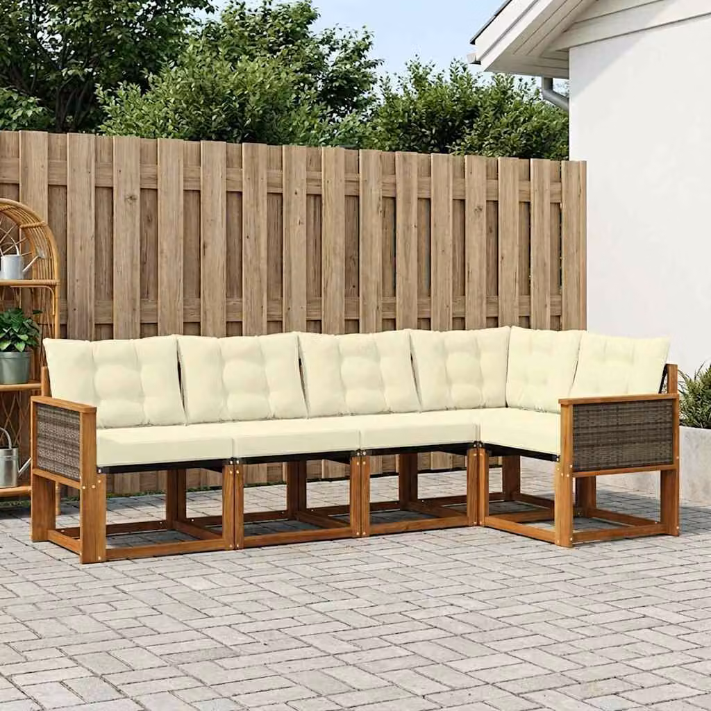 Set di divani da esterno vidaXL a forma di L composto da 5 pezzi in legno di acacia con cuscini beige e marrone