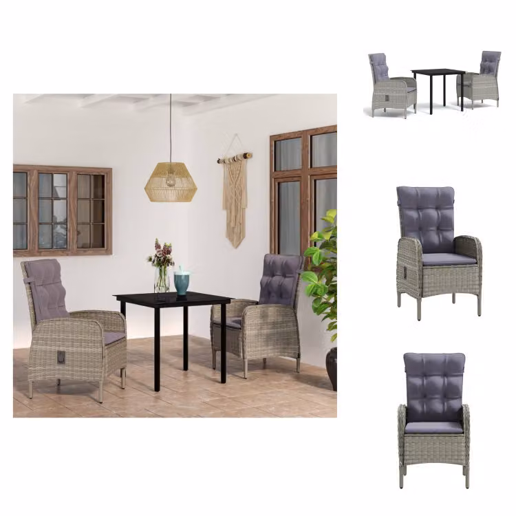 vidaXL Set da pranzo da giardino a 3 pezzi con cuscini grigio e nero - Set di mobili da giardino