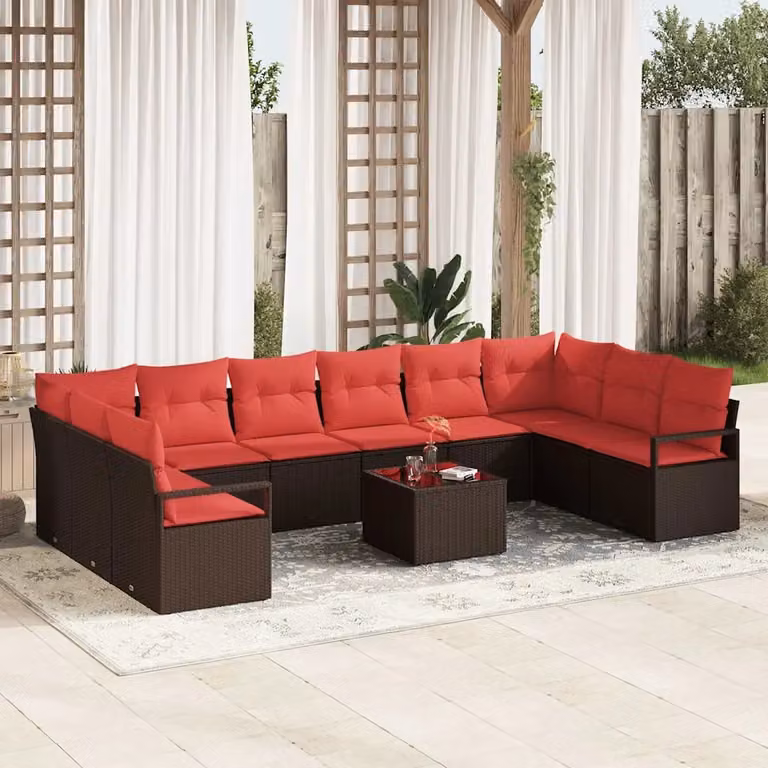 Set Divano da Giardino vidaXL 11 pz a forma di U in Polyrattan Marrone e Rosso con Cuscini e Tavolino
