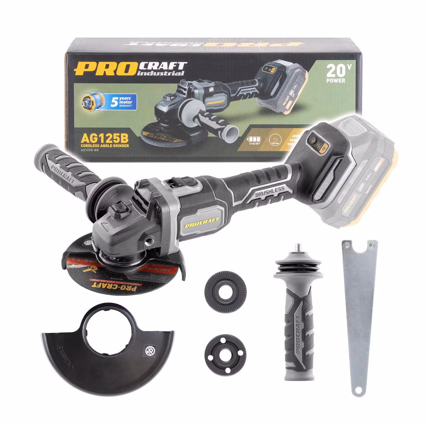 Procraft Industrial AG125Bbb Smerigliatrice angolare a batteria 20 V 125 mm Brushless Solo - senza batteria, senza caricabatteria