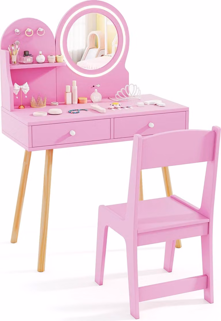 COSTWAY Tavolo da trucco per bambini con illuminazione, tavolo da toeletta 2 in 1 con specchio, 2 cassetti, ripiano e 3 ganci, comò da trucco per bambine dai 3 anni in su, rosa