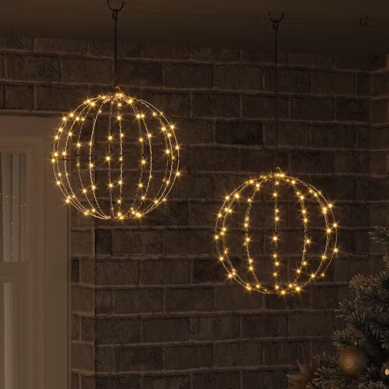 Set di 2 sfere decorative vidaXL in metallo bianco con 192 LED luce bianco caldo e telecomando, L/P/H: 30 x 30 x 32 cm