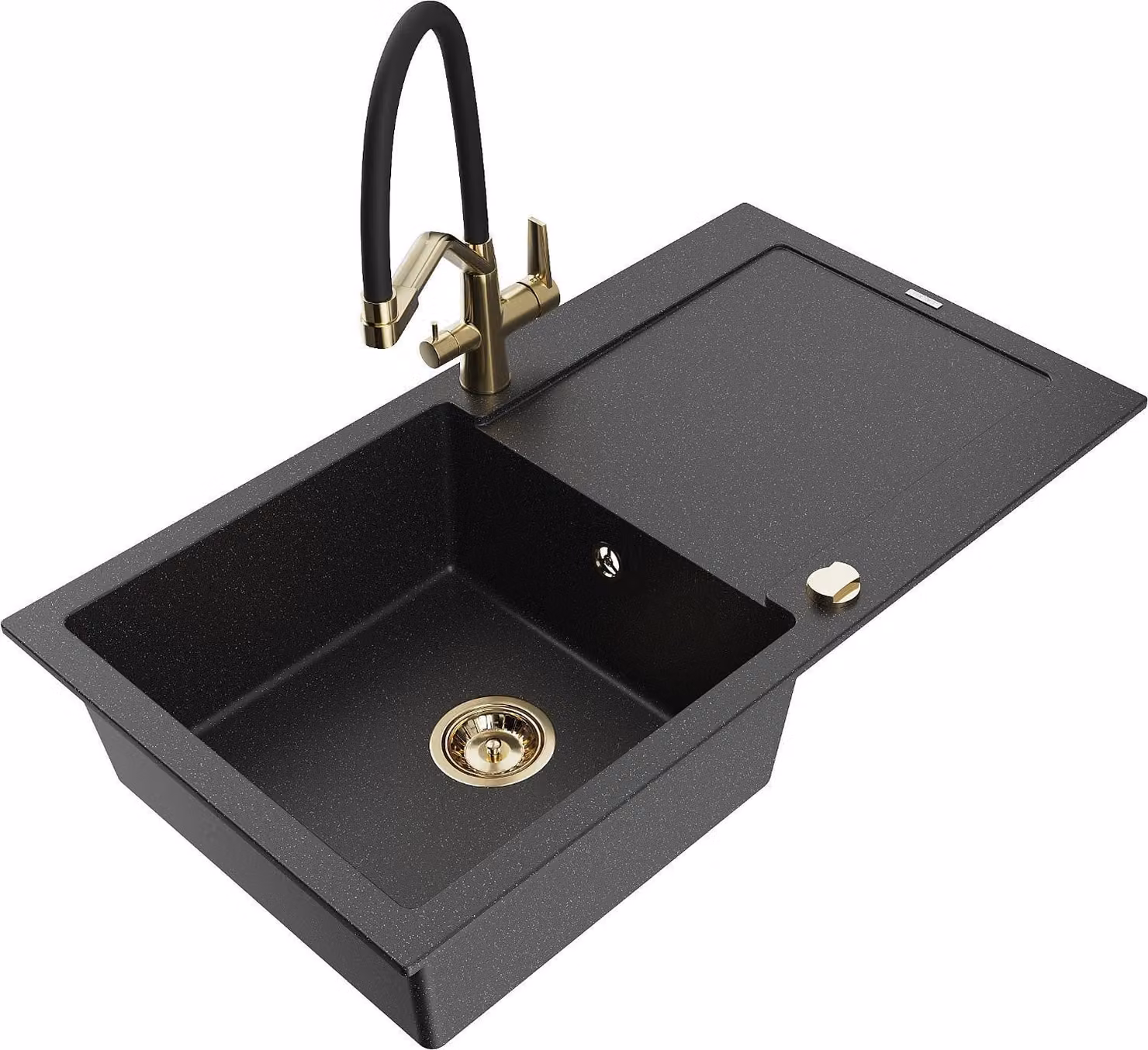 Mexen Leo lavello in granito a 1 vasca con scivolo e rubinetto da cucina Duo, nero/argento metallizzato - 6501-73-671701-57-G