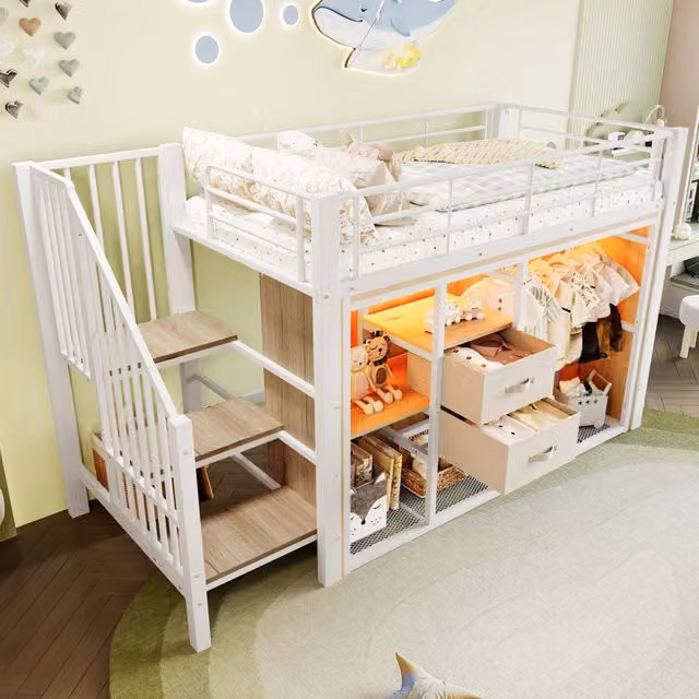Letto a soppalco 90 × 200 cm 1 posto con 2 cassetti, armadio aperto, vani e LED multicolore, senza materasso