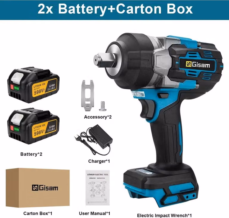 Avvitatore a impatto a batteria - Senza spazzole 18 V - Coppia 2800 Nm - Attacco quadrato da 1,27 cm - 2 batterie - Scatola di cartone - Argento
