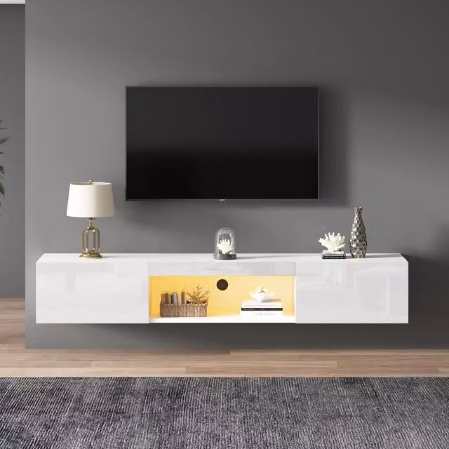 Mobile TV a parete Xylo con LED e Bluetooth, Bianco Lucido, L: 160 cm, P: 31 cm, H: 22 cm