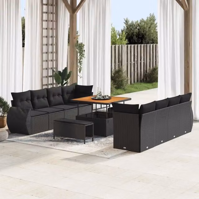 Set Divano da Giardino a Forma di U vidaXL in Polyrattan Nero con 11 Pezzi e Cuscini Inclusi