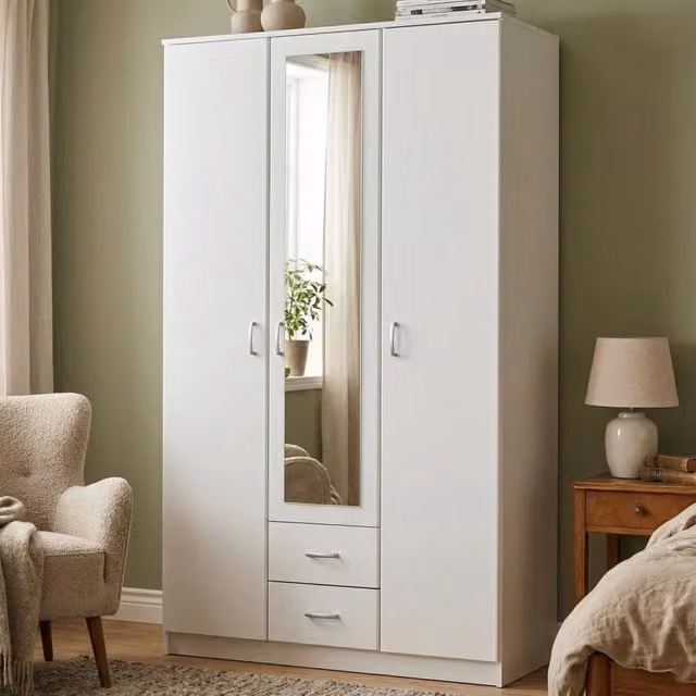 Armadio da camera da letto DMORA Bianco con specchio e cassetti integrati L 120 cm x P 52 cm x H 205 cm – 1