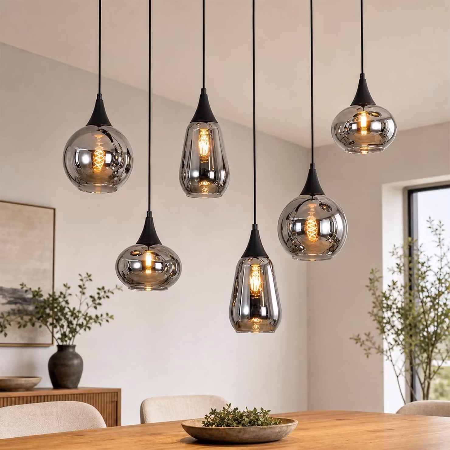 Lampada a sospensione ZMH, ideale per la sala da pranzo, con 85 cm di altezza, attacco E27, stile vintage, 6 luci, lampada da cucina in vetro color grigio fumo, lampada a sospensione regolabile in altezza, perfetta per la sala da pranzo