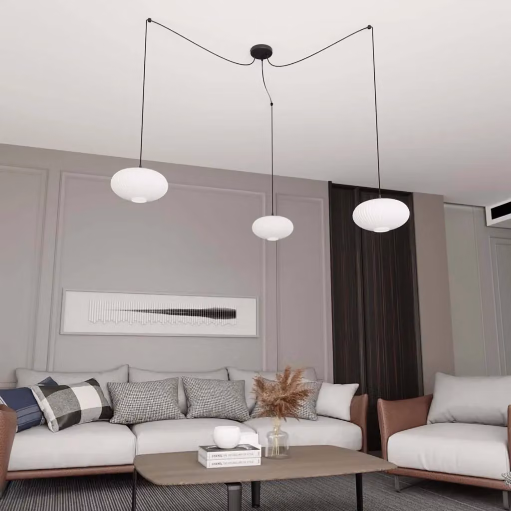 Lampadario Sospeso Moderno Tefnet con 3 Luci in Metallo Nero e Paralumi in Tessuto Bianco con Altezza Regolabile – 2