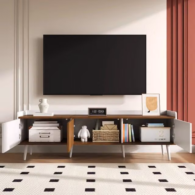 Mobile TV MODFU a 3 ante con ripiano interno, design moderno in MDF e legno, bianco e naturale, L: 160 cm, P: 39 cm, H: 49,5 cm