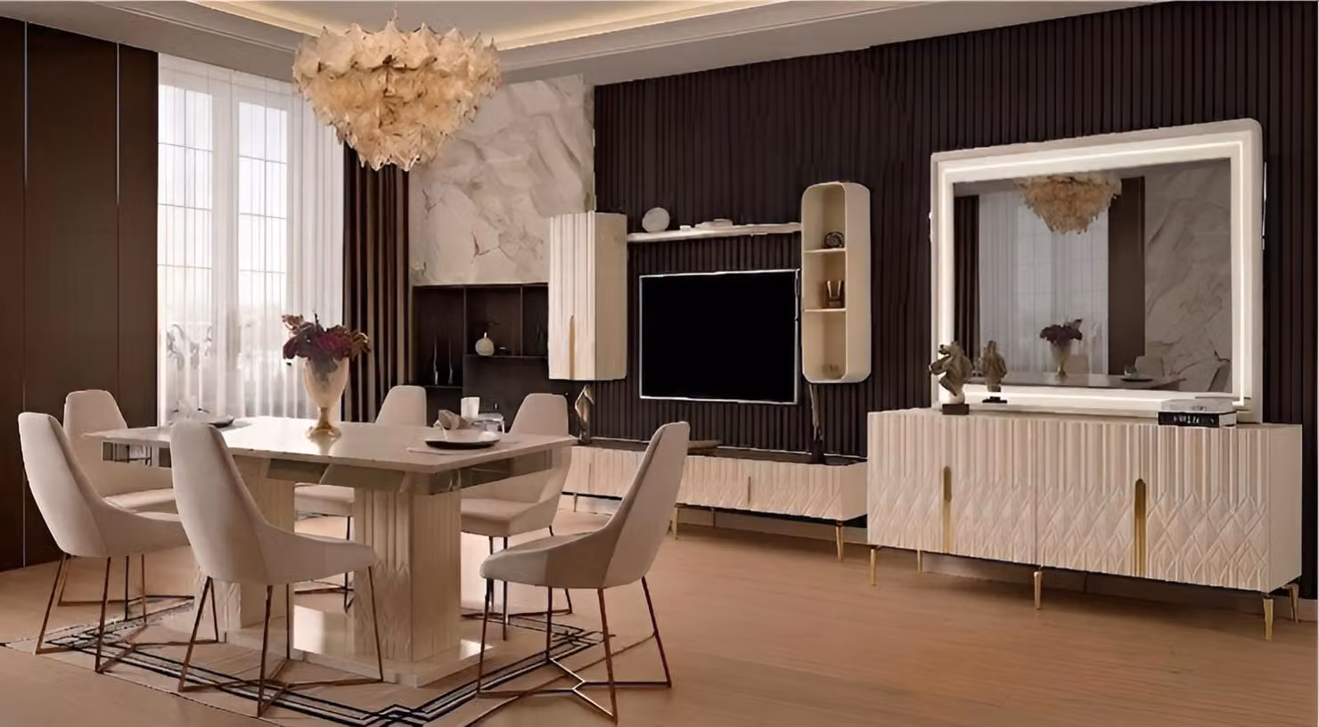 Set per sala da pranzo: tavolo da pranzo, 6 sedie, colore beige, stile moderno, elegante e raffinato