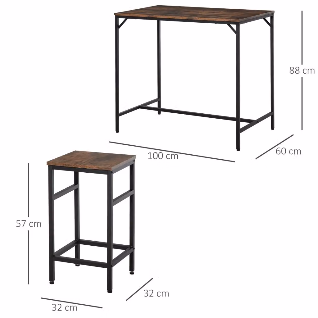 Set bar WISHDOR in stile industriale composto da tavolo alto rettangolare e 4 sgabelli, marrone e nero, L/P/H: 100 x 60 x 88 cm – 2